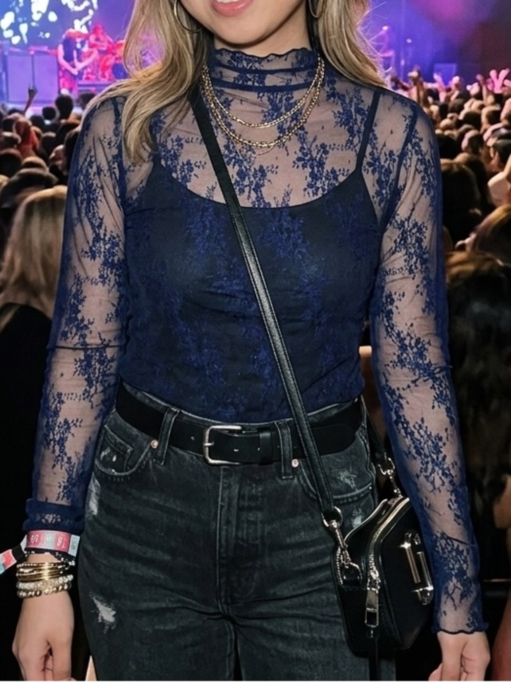 navy blue sheer mesh lace mock neck top | size XS